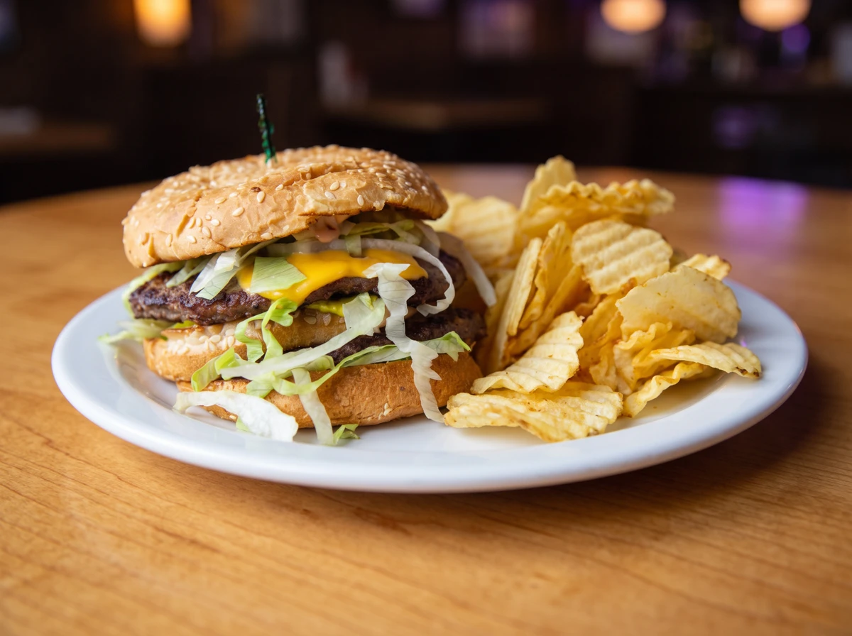 RJ’s 288 Burger with lettuce, cheese, and chips