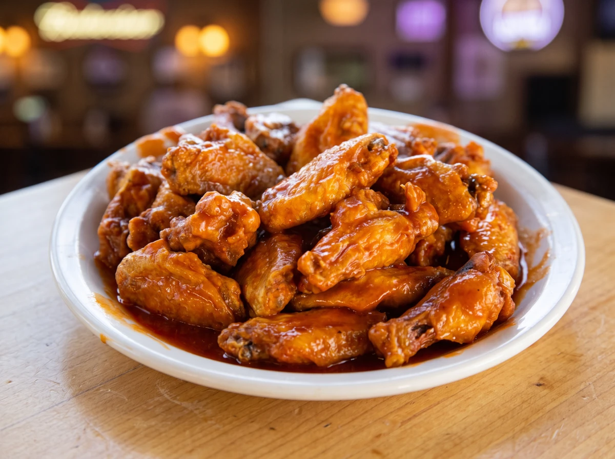 A plate of glazed RJ’s chicken wings