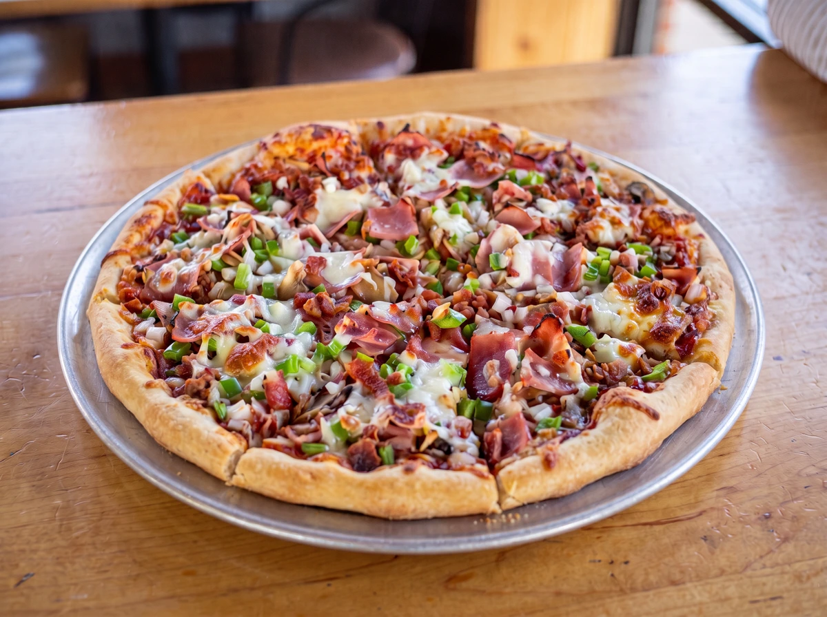 Sir Pizza with diced toppings and melted cheese on a metal pizza pan